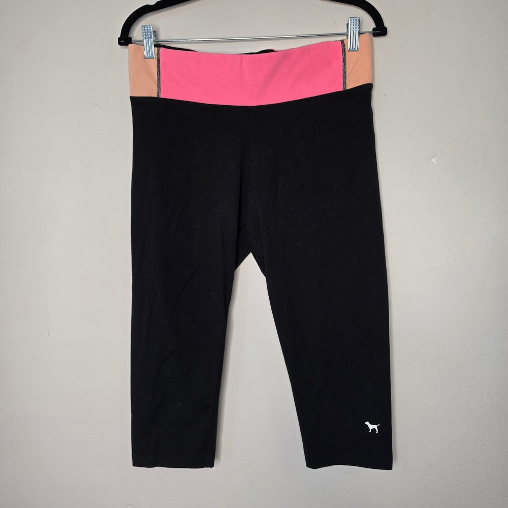 Pink Victoria's Secret Leggings Women L Black Yoga Crop Athletic Gym Workout